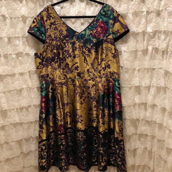 Monsoon Size 22 Silk Gold Floral A-Line Dress - Picture 2 of 5